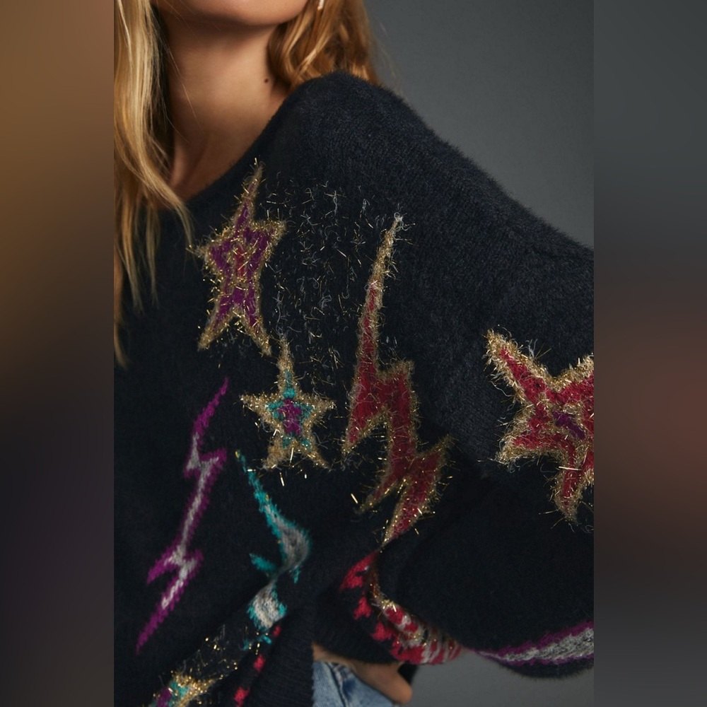 Anthropologie Pilcro sparkle pullover Black Off-the-Shoulder Star Sweater - Picture 3 of 8